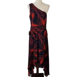 Vince Camuto Red Blue Sheer Overlay 1 Shoulder Sleeveless Tie Waist Dress 10